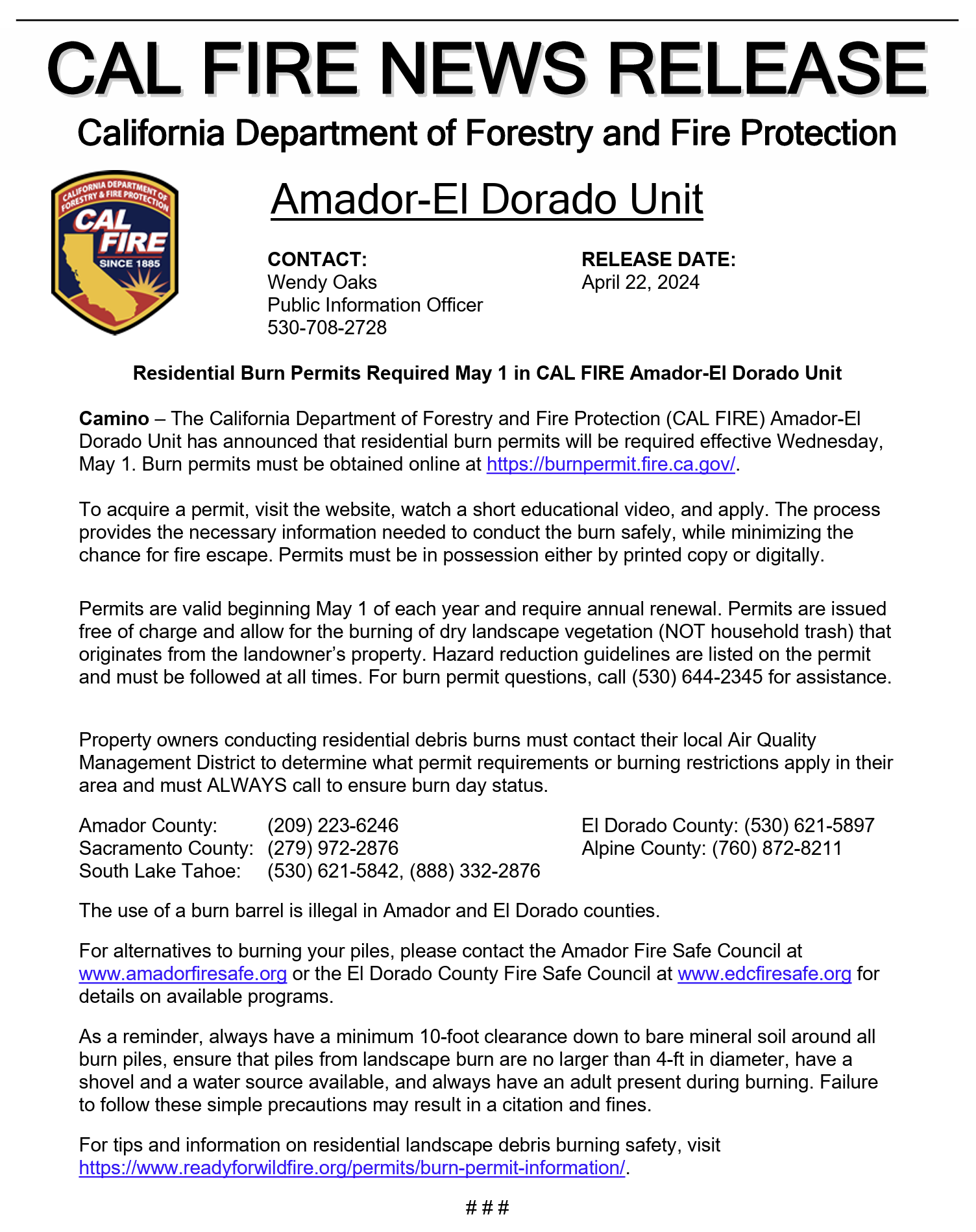 Residential Burn Permits Required May 1, 2024 El Dorado County Fire